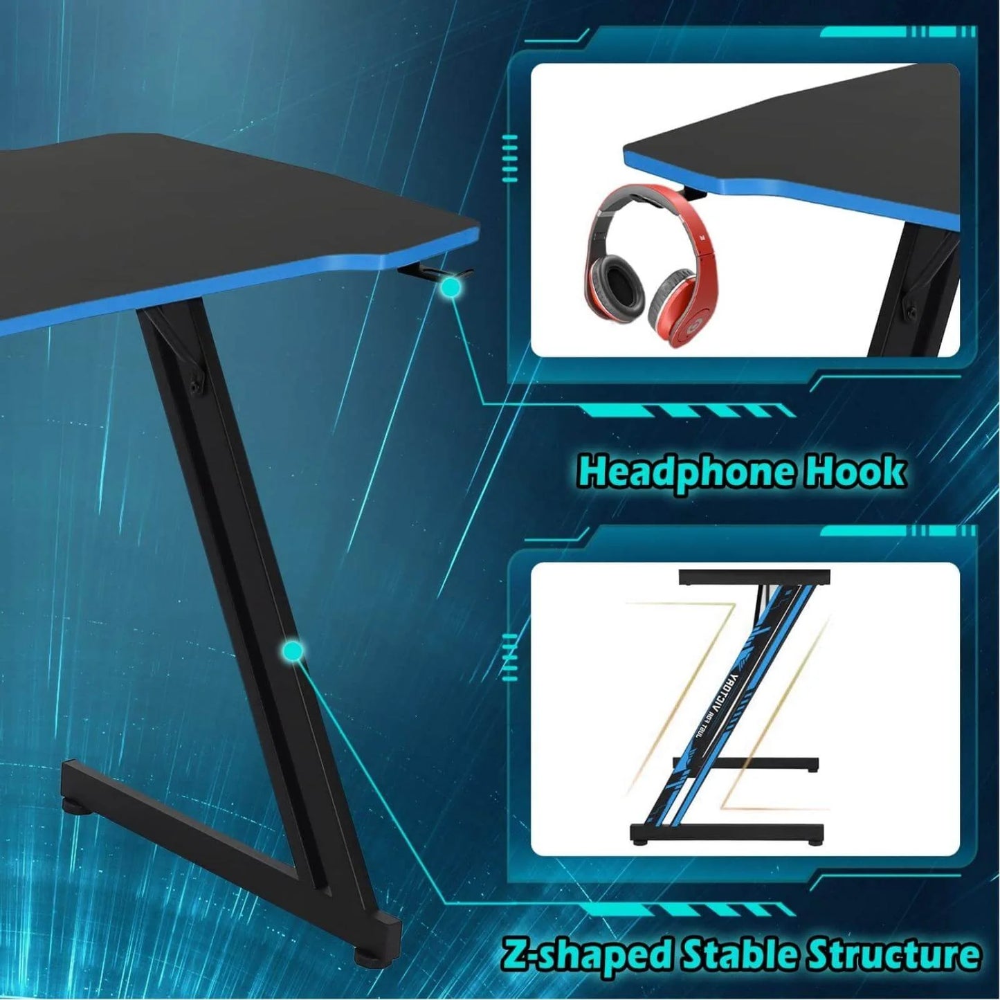 47 Inch Gaming Desk, Z-Shaped PC Computer Table Ergonomic Gamer Workstation with Headphone Hook for Home Office, Red